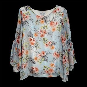Belle France Ruffle Floral Top M Rayon Silk Blouse Fairy Feminine Romantic Sheer